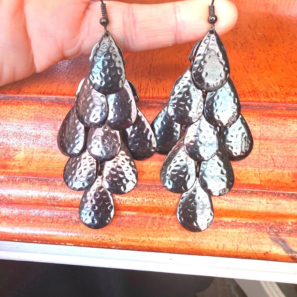 Gunmetal Hammered Teardrop Chandelier Earrings Black Metallic Tiered Dangle Long